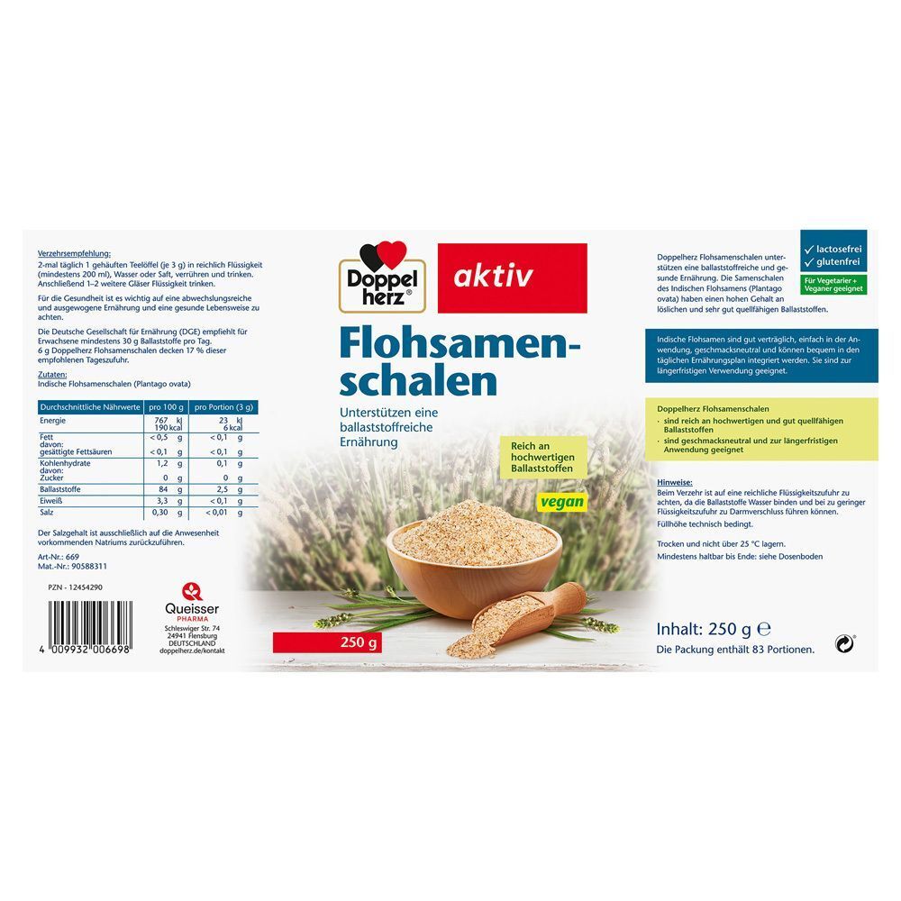 Dose Doppelherz Flohsamenschalen, 250g, mit Nährwertangaben und Siegeln.