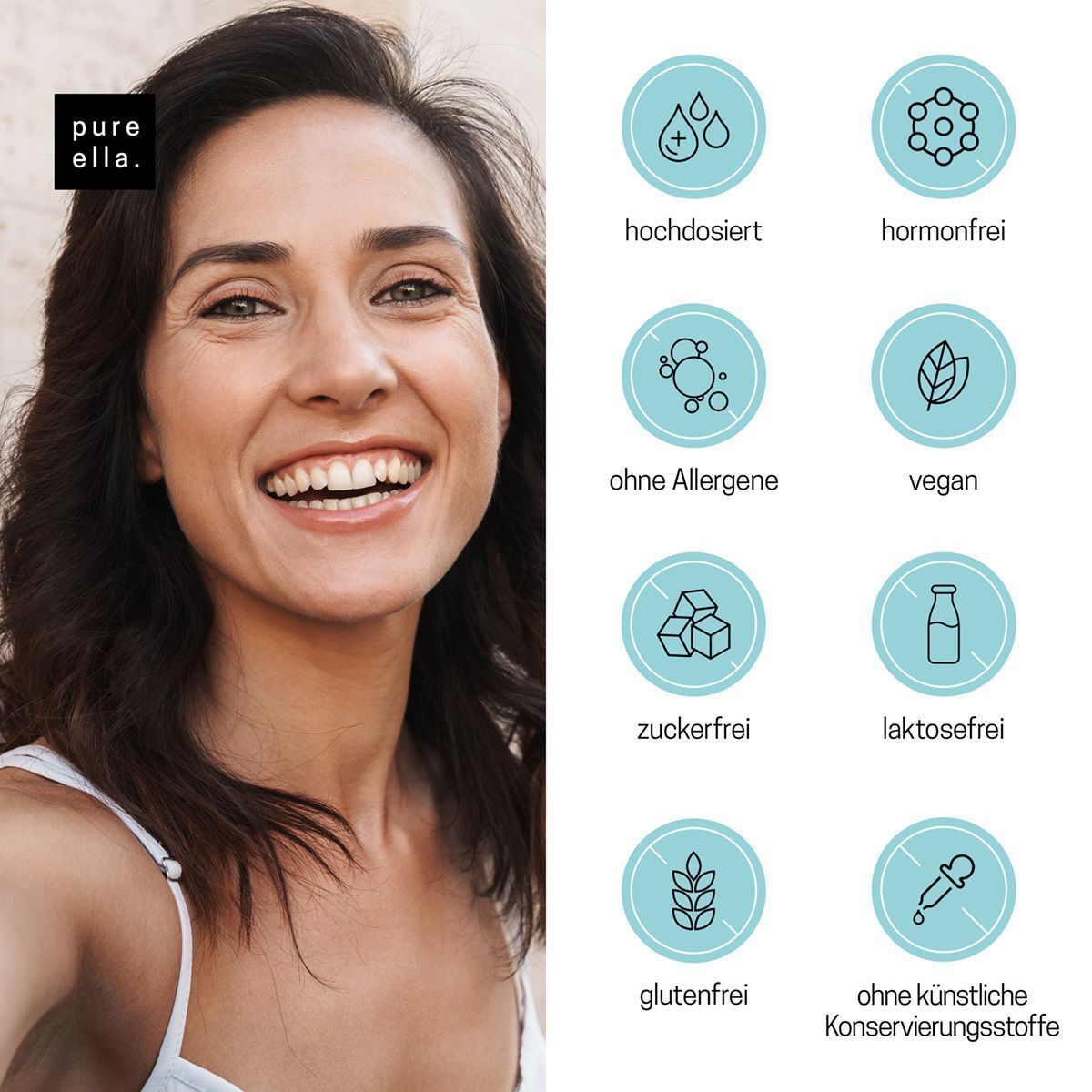 Frau lächelt. Icons: hochdosiert, hormonfrei, ohne Allergene, vegan, zuckerfrei, laktosefrei, glutenfrei, ohne künstliche Konservierungsstoffe.