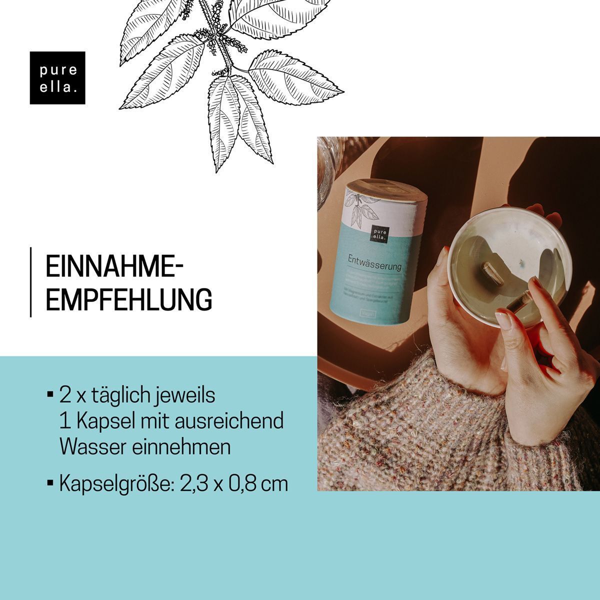 Hände halten eine Kapsel. Text: 2 x täglich 1 Kapsel mit Wasser einnehmen. Kapselgröße: 2,3 x 0,8 cm.