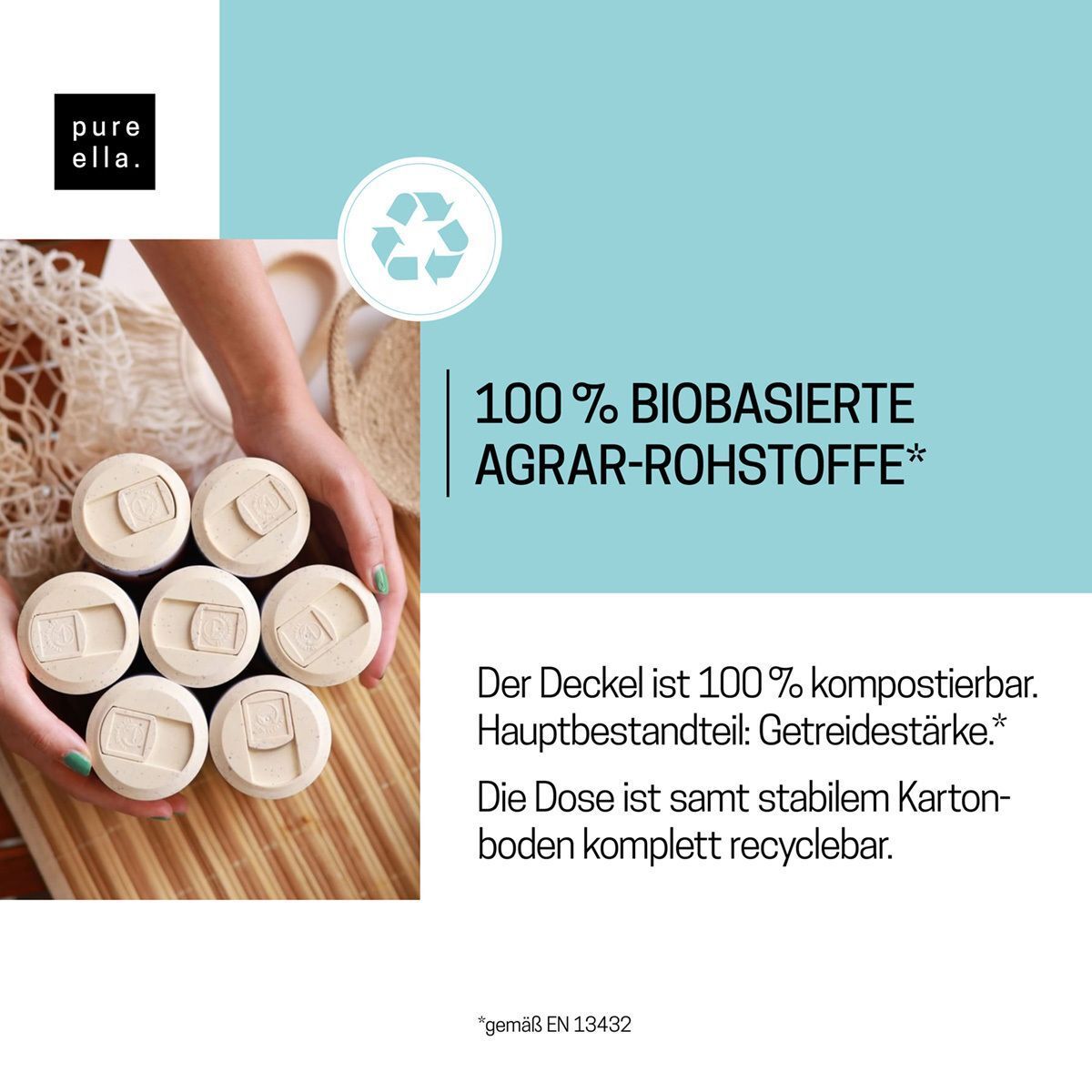Hände halten Behälter mit Kapseln. Text: 100% biobasierte Agrar-Rohstoffe. Deckel kompostierbar. Dose recycelbar.