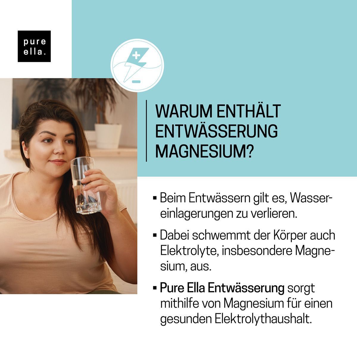 Frau trinkt Wasser. Text: Warum enthält Entwässerung Magnesium? Erläuterungen zu Wasserverlust und Elektrolyten.
