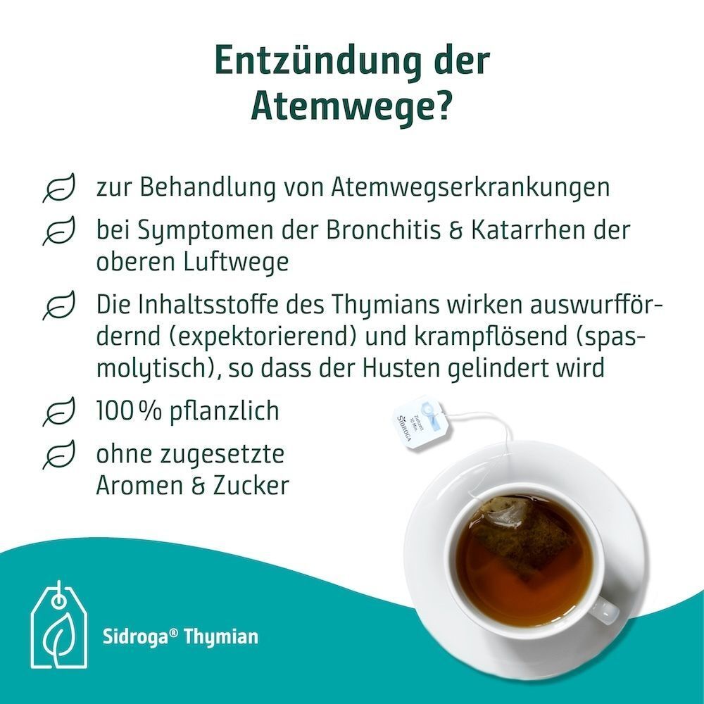 Tasse mit Sidroga® Thymian Tee, Text über entzündete Atemwege, 100% pflanzlich, ohne Zucker/Aromen.