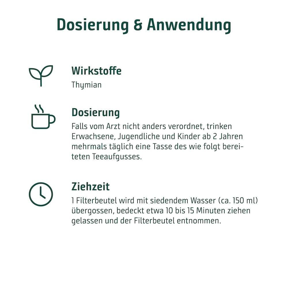Informationen zur Dosierung und Ziehzeit von Sidroga® Thymian Tee, 1 Filtebeutel pro Tasse.