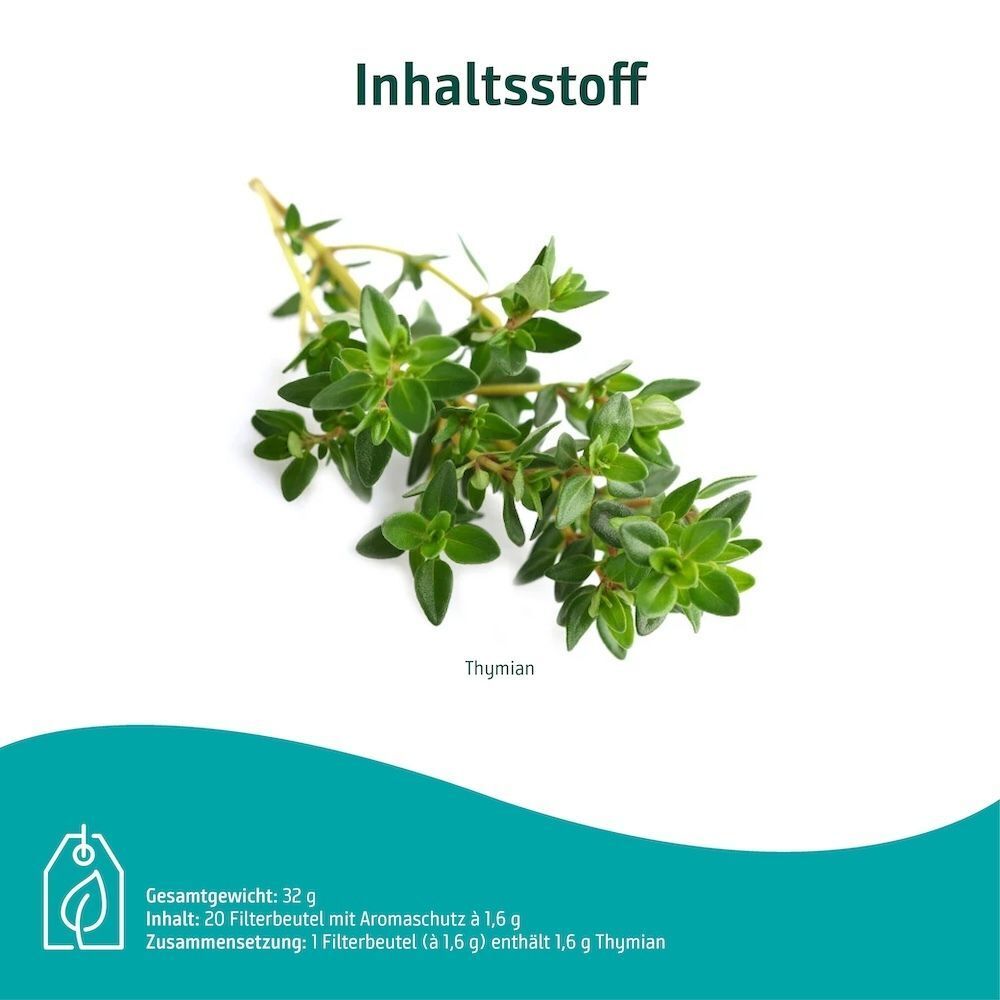 Zweig frischer Thymian, Produktinformationen: 20 Filterbeutel mit Aromaschutz, 1,6 g Thymian pro Beutel.