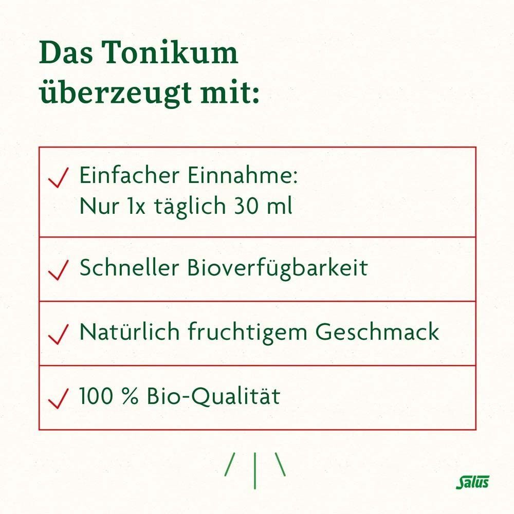 Vorteile des Tonikums: Einfache Einnahme, schnelle Bioverfügbarkeit, fruchtiger Geschmack, 100% Bio-Qualität.
