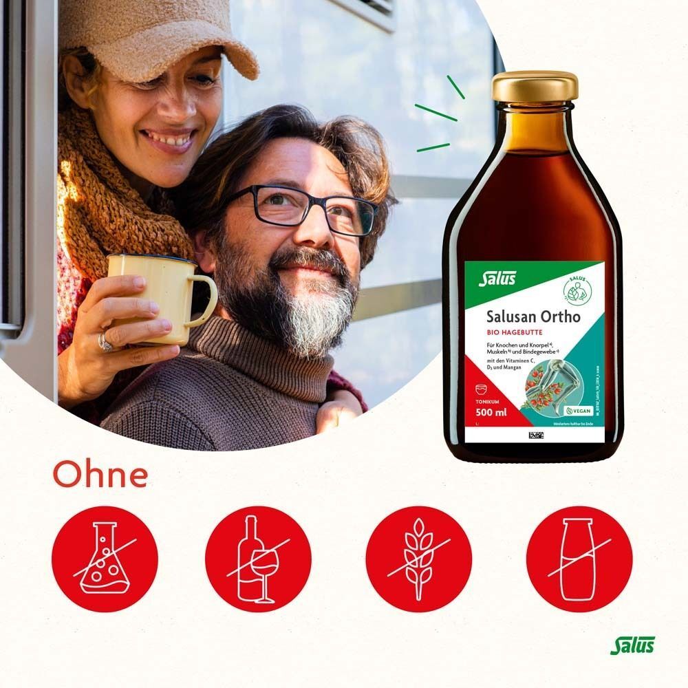 Paar mit Flasche Salusan Ortho Bio-Hagebutten-Tonikum, Symbole für ohne Alkohol, Gluten, Laktose, Fruktose.