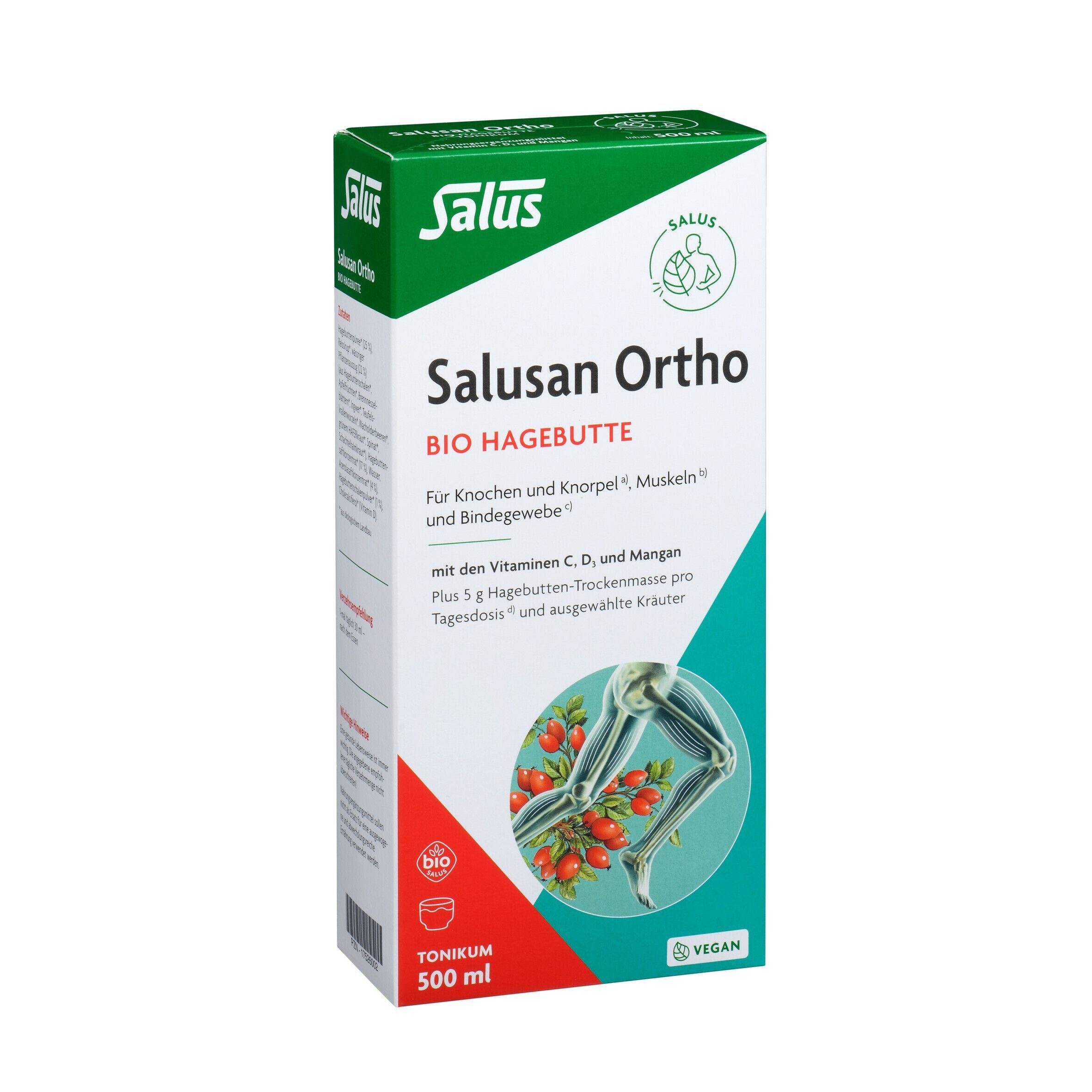 Karton Salusan Ortho Bio-Hagebutten-Tonikum (500ml) mit Abbildung von Knochen und Hagebutten.