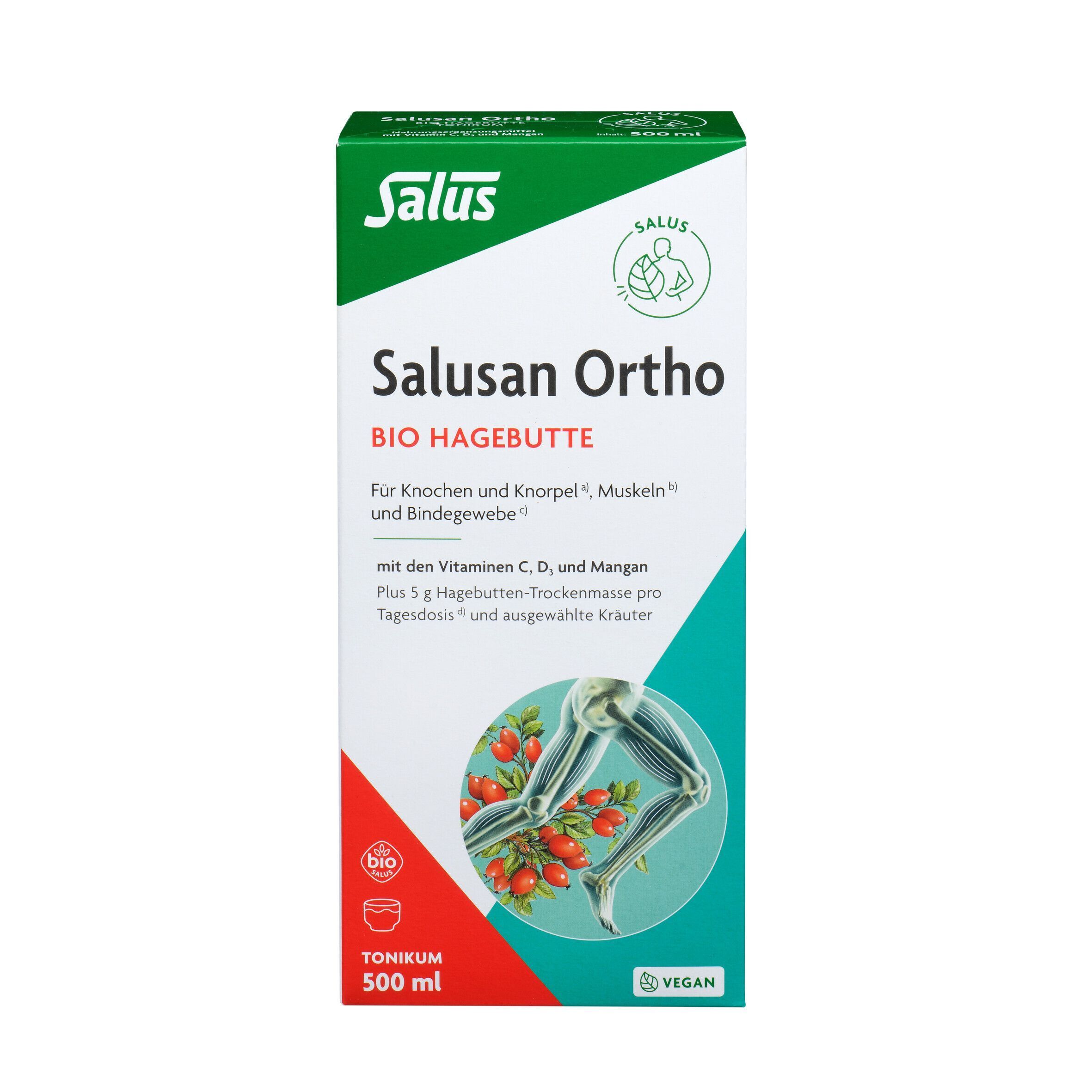 Karton Salusan Ortho Bio-Hagebutten-Tonikum (500ml) mit Abbildung von Knochen und Hagebutten.