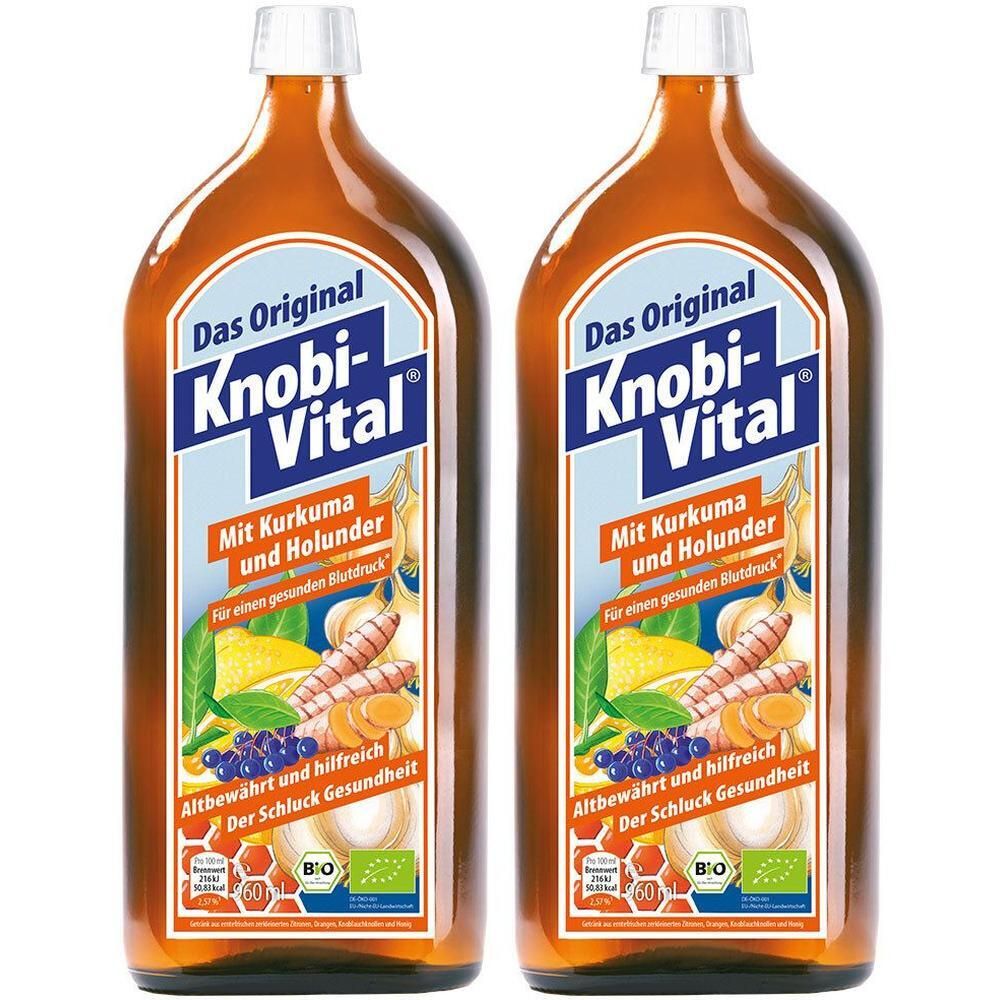 Zwei braune Glasflaschen mit Knobi-Vital Etikett, das Kurkuma, Holunder, Zitrone und Knoblauch zeigt.