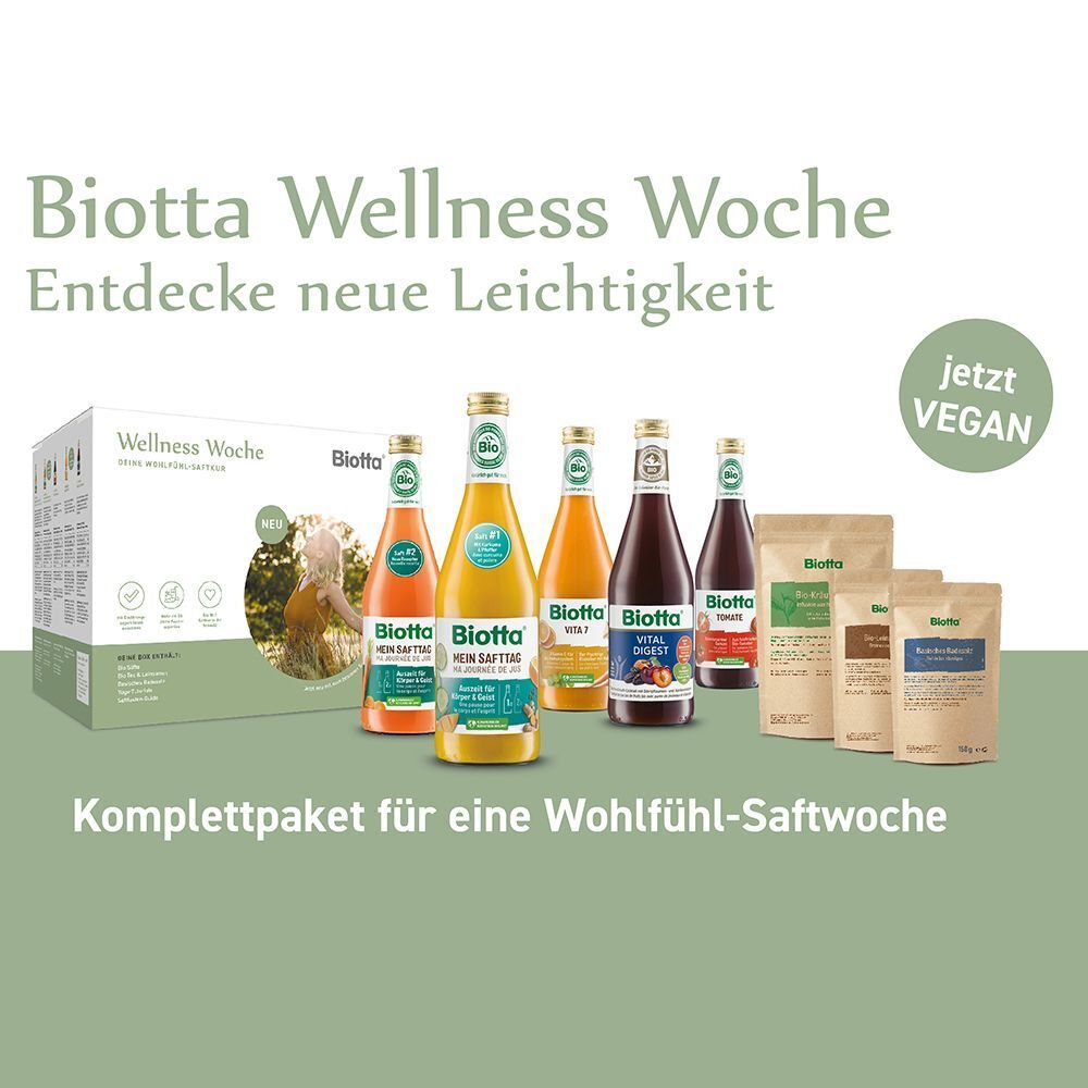 Biotta Wellness Woche Saftpaket mit fünf verschiedenen Säften und Beuteln.