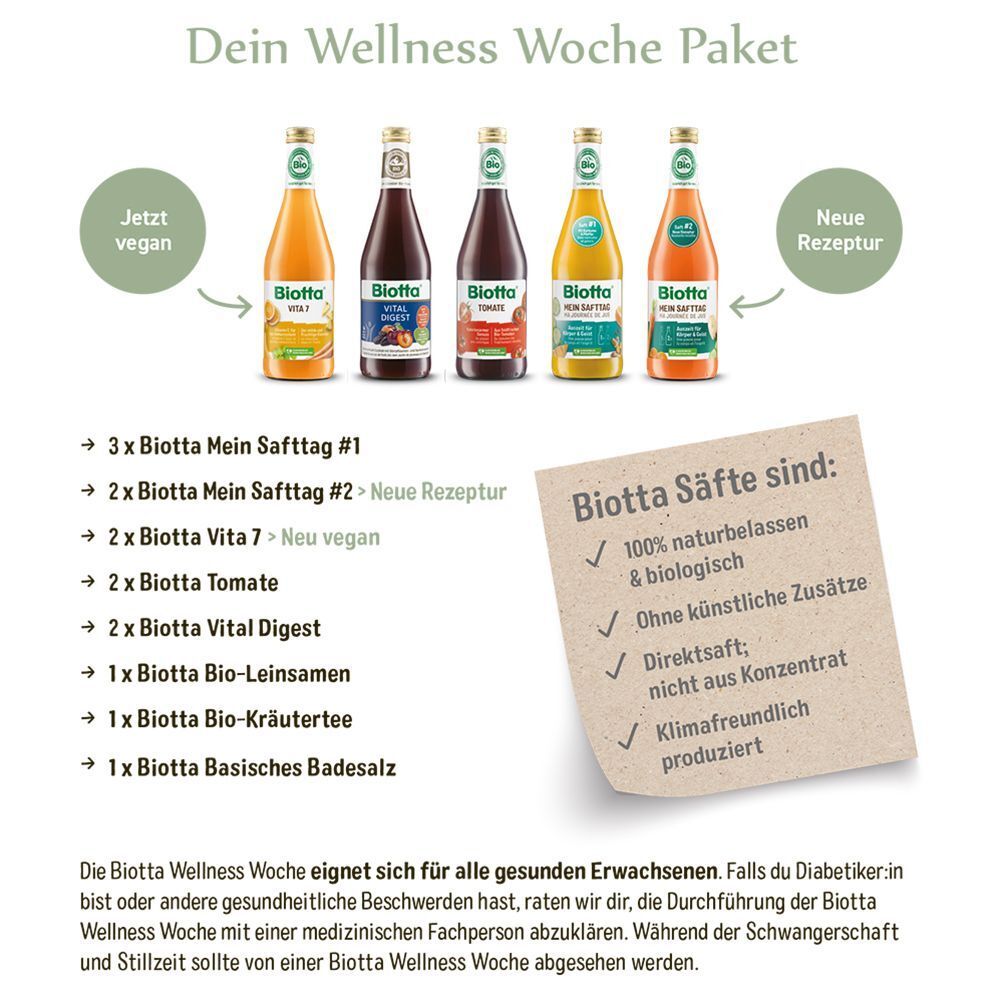 Biotta Wellness Woche Paket mit fünf Säften, Beuteln und Produktinformationen.
