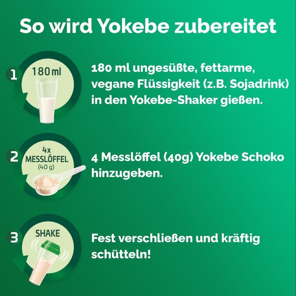 Anleitung zur Zubereitung von Yokebe Schoko. Schritte: Flüssigkeit, Pulver, schütteln. Abbildungen und Text.