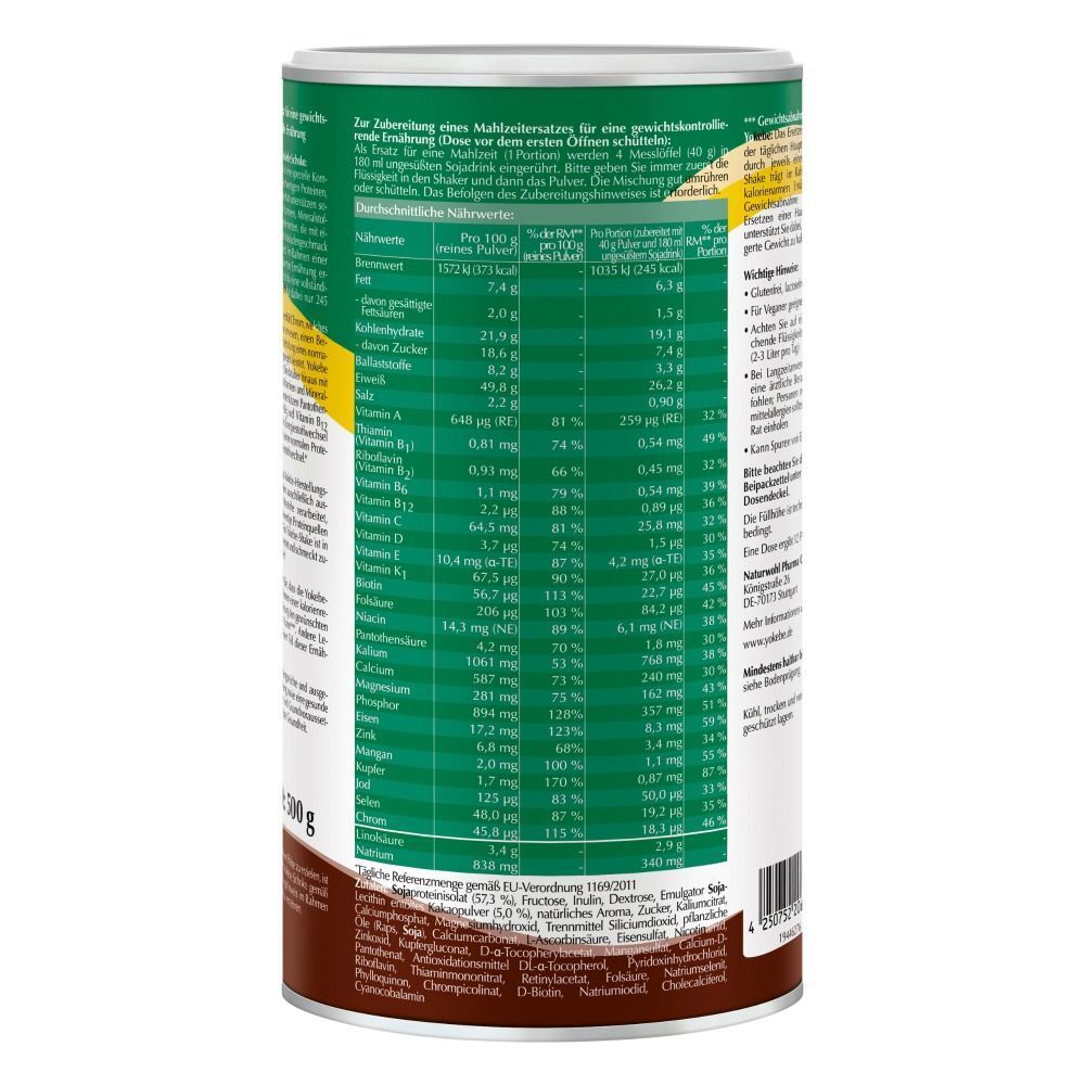 Rückseite einer Yokebe-Dose. Nährwerttabelle und weitere Informationen in deutscher Sprache.