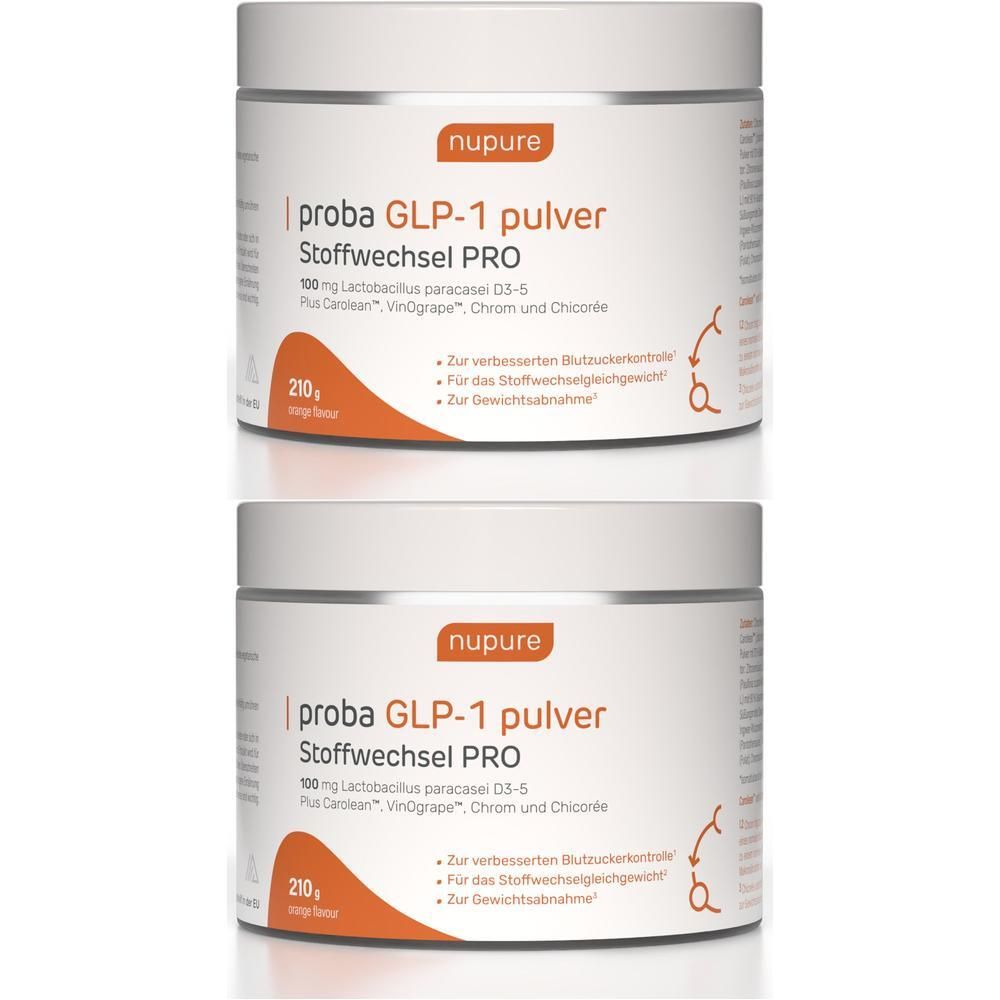 Zwei Dosen Nupure Proba GLP-1 Pulver. Weiße Dosen mit orangefarbenen Akzenten und Produktinformationen.