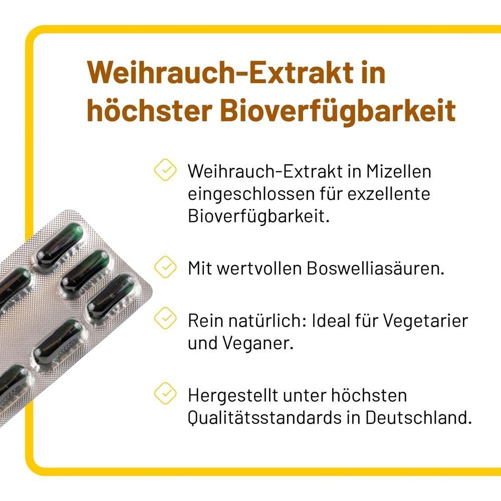 Text: Weiihrauch-Extrakt in höchster Bioverfügbarkeit. Kapseln in Blisterpackung. Text über Vorteile und Qualität.