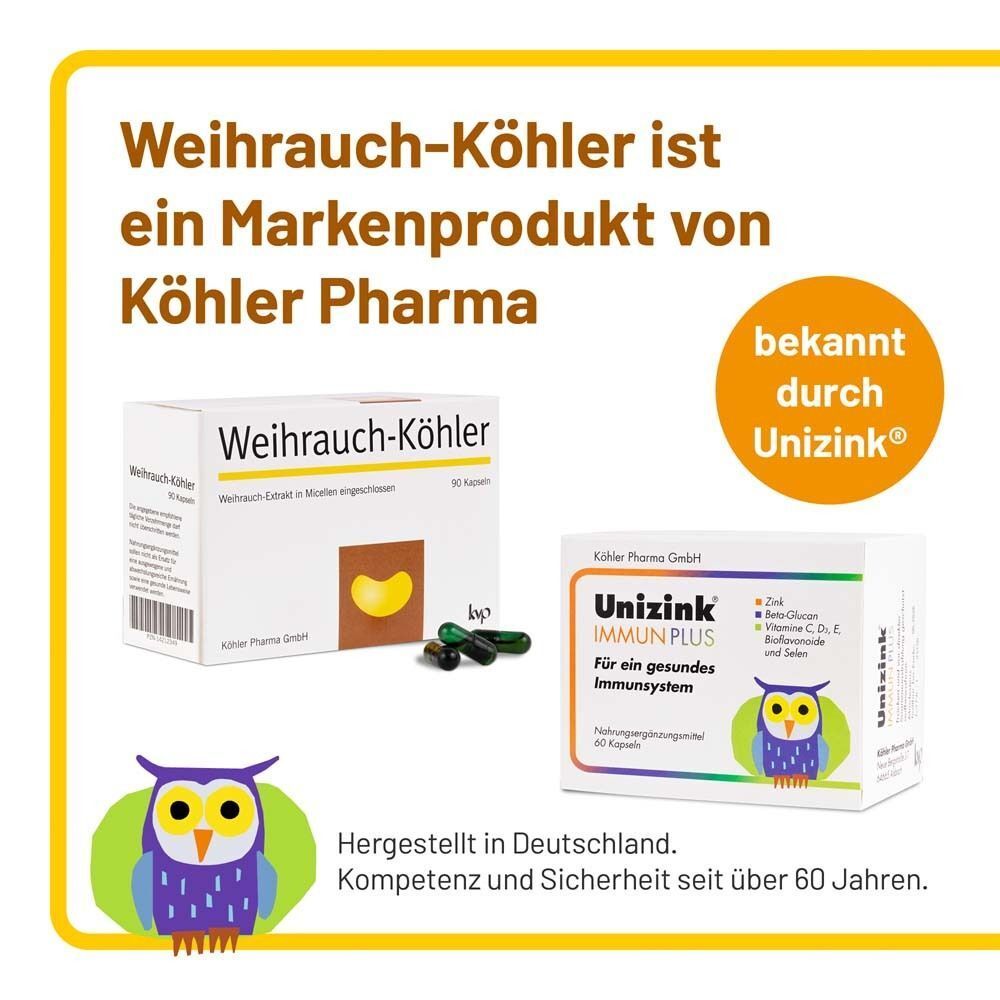 WEIHRAUCH-KÖHLER und Unizink Produkte. Beide Produkte in Verpackungen. Text: Markenprodukt von Köhler Pharma.