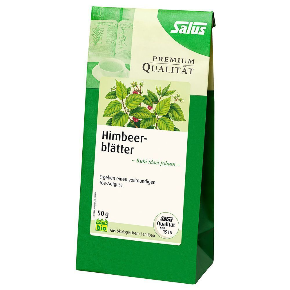 Grüner Beutel Kräutertee mit Aufschrift Himbeerblätter, Salus-Logo und Bio-Siegel. 50g Packung.