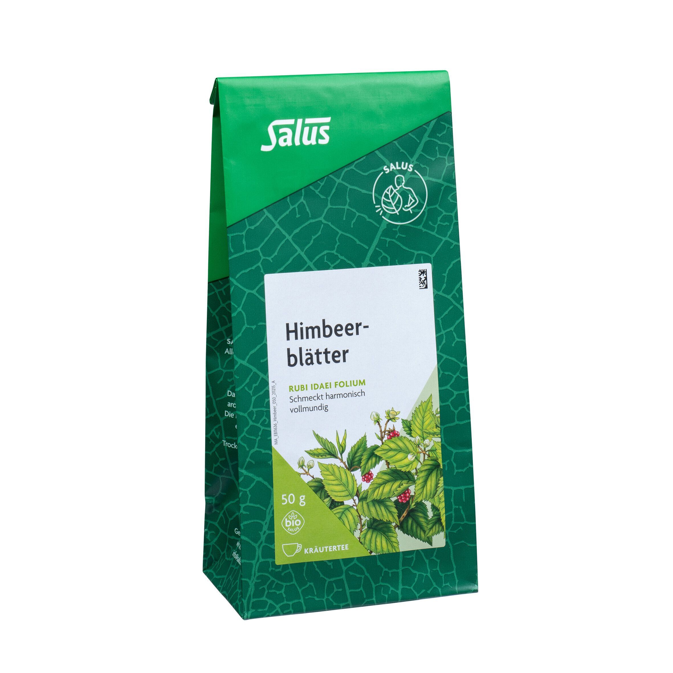 Grüner Beutel Kräutertee mit Aufschrift Himbeerblätter, Salus-Logo und Bio-Siegel. 50g Packung.