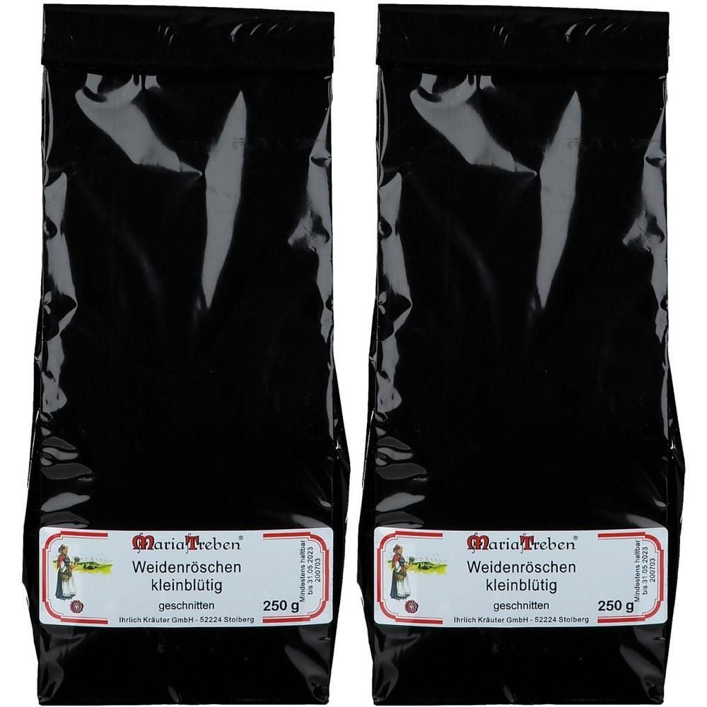Zwei schwarze Beutel mit Maria Treben kleinblütigem Weidenröschen, je 250g.