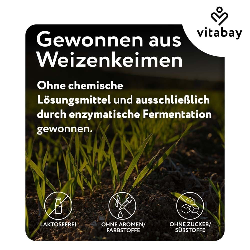 Nahaufnahme von Weizenkeimen. Logos: Laktosefrei, ohne Aromen/Farbstoffe, ohne Zucker/Süßstoffe. Marke: Vitabay.