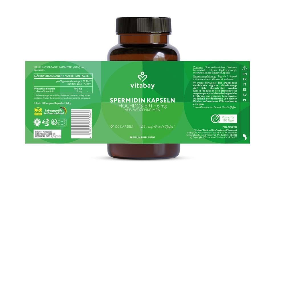 Flasche mit Kapseln. Aufschrift: Spermidin Kapseln, 6 mg, aus Weizenkeimen. Rückseite mit Informationen. Marke: Vitabay.