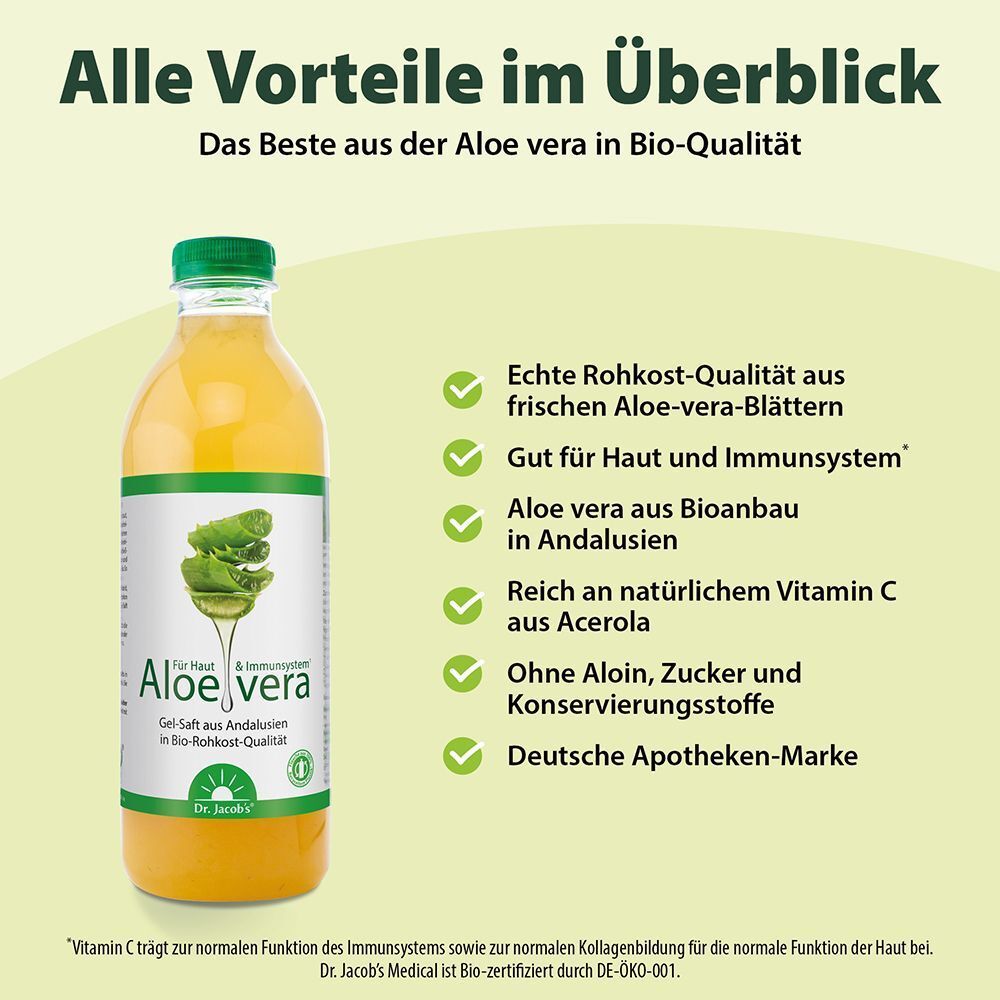 Eine Flasche Dr. Jacob's Aloe Vera Gel Saft neben einer Liste von Vorteilen wie Rohkost-Qualität und Vitamin C aus Acerola.