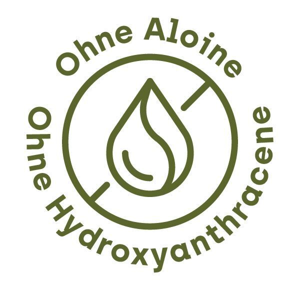 Kreisförmiges Symbol mit der Aufschrift 'Ohne Aloine' und 'Ohne Hydroxyanthracene', das Reinheit des Produkts symbolisiert.