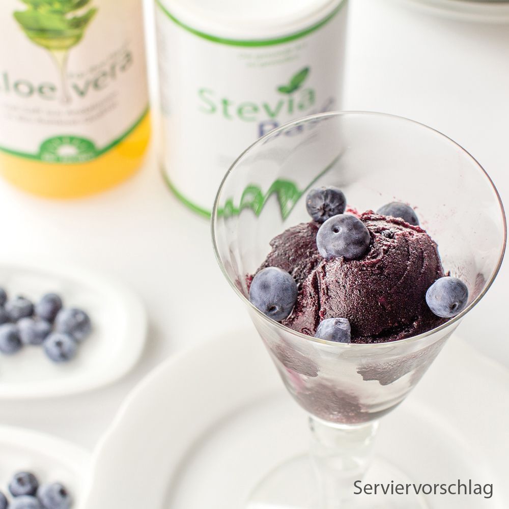Ein Glas mit dunklem Beerenmus, garniert mit Blaubeeren, neben einer Flasche Aloe Vera Saft und Stevia-Produkt.