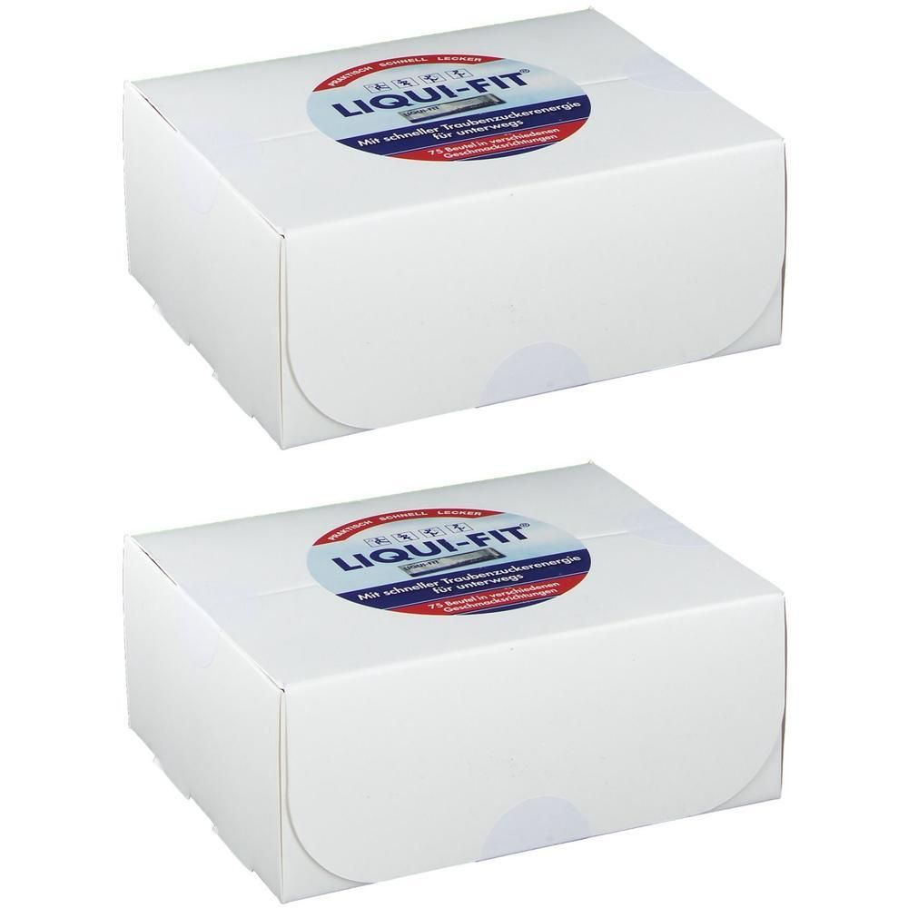 Zwei weiße Kartons mit LIQUI-FIT Aufklebern. Runde Aufkleber mit Schriftzug. Vorratsbox Beutel.