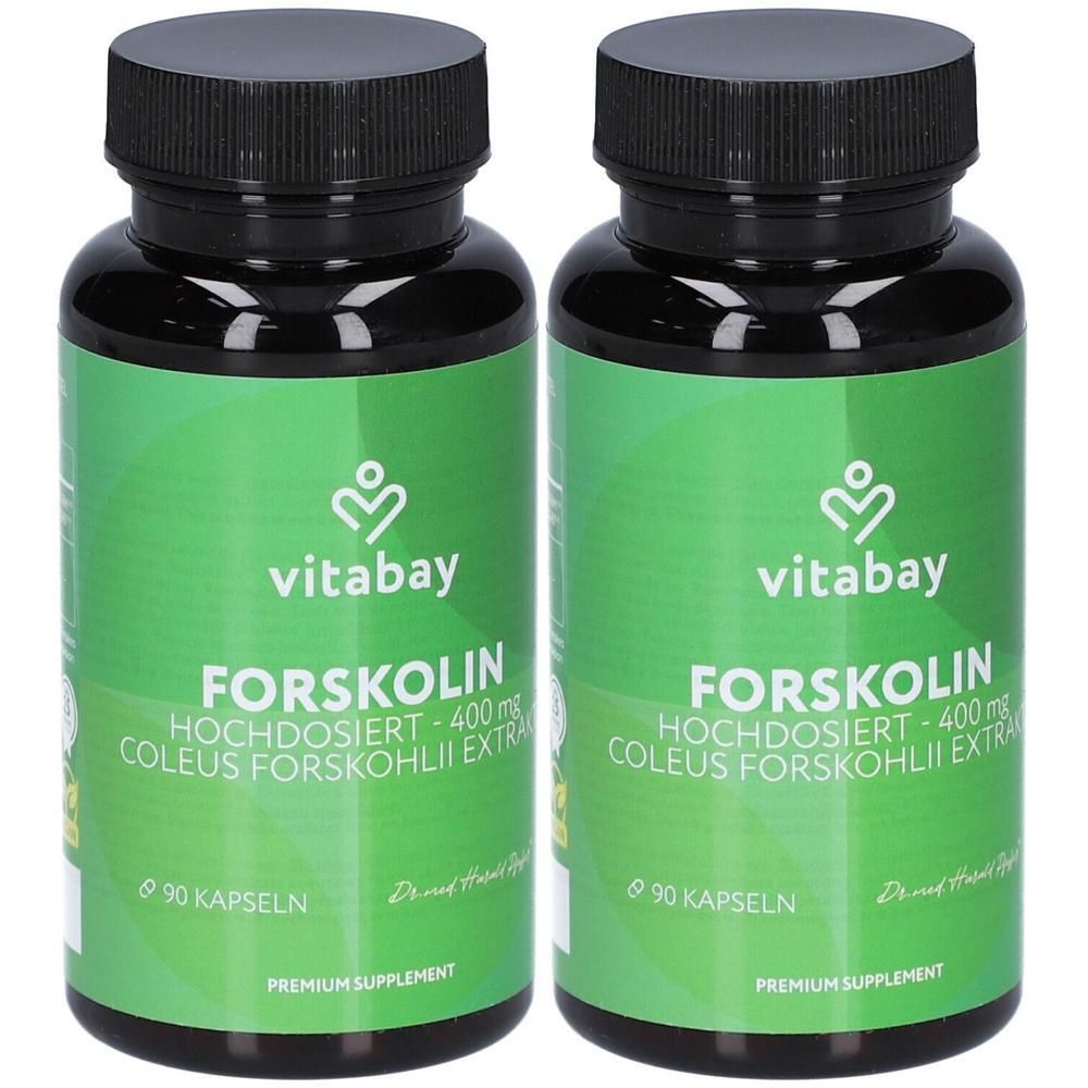 Zwei Flaschen mit schwarzen Deckeln. Aufschrift: FORSKOLIN, 400 mg, Coleus Forskohlii Extrakt. Grün-weißes Etikett. 90 Kapseln.