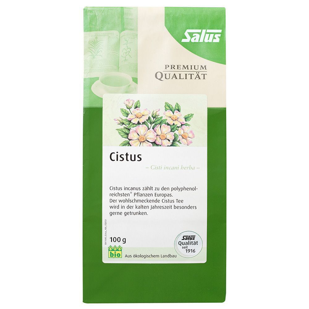 Eine Packung Salus Cistus Tee (100g) mit Blütenmotiv, Bio-Siegel und Qualitätsangaben.