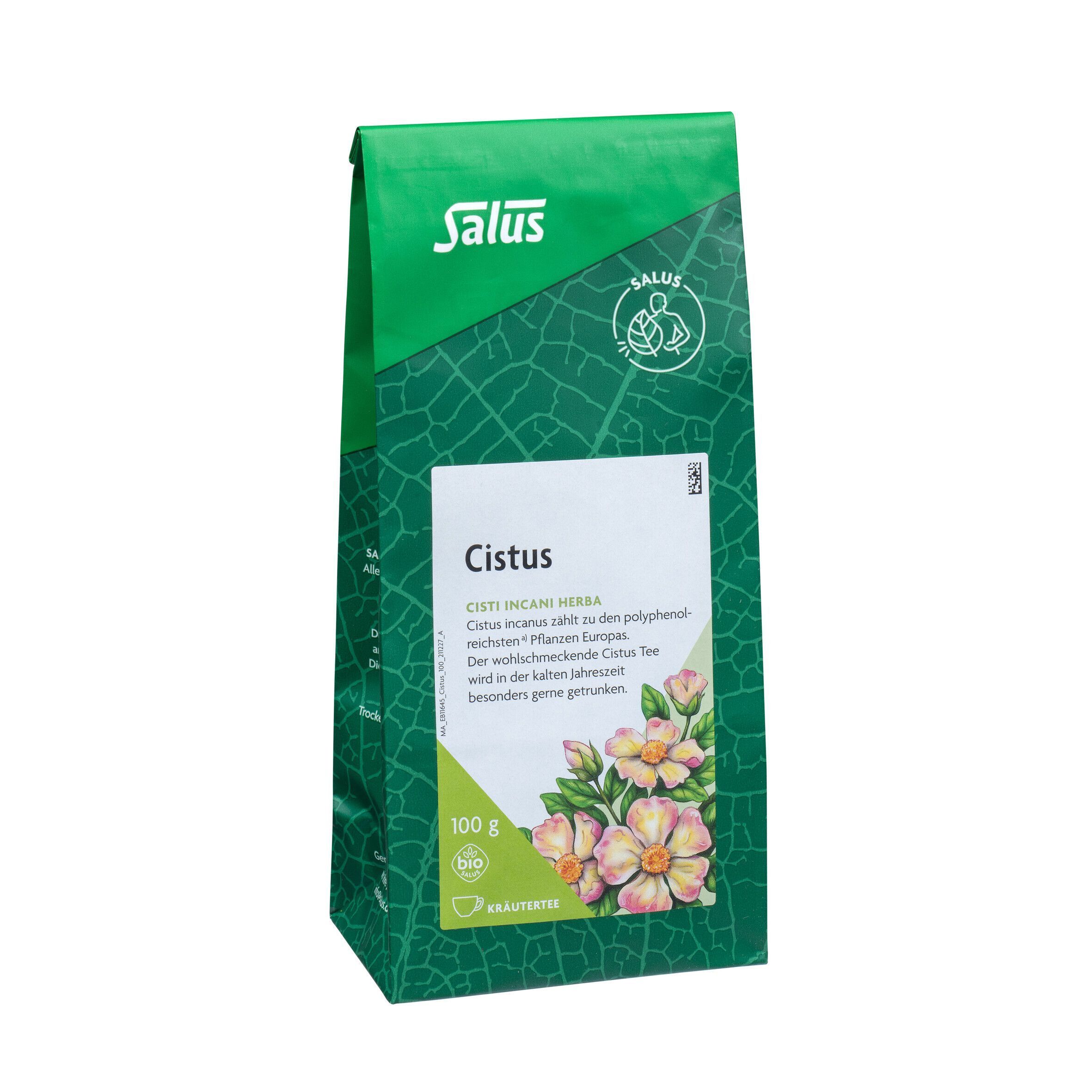 Eine Packung Salus Cistus Tee (100g) mit Blütenmotiv, Bio-Siegel und Qualitätsangaben.