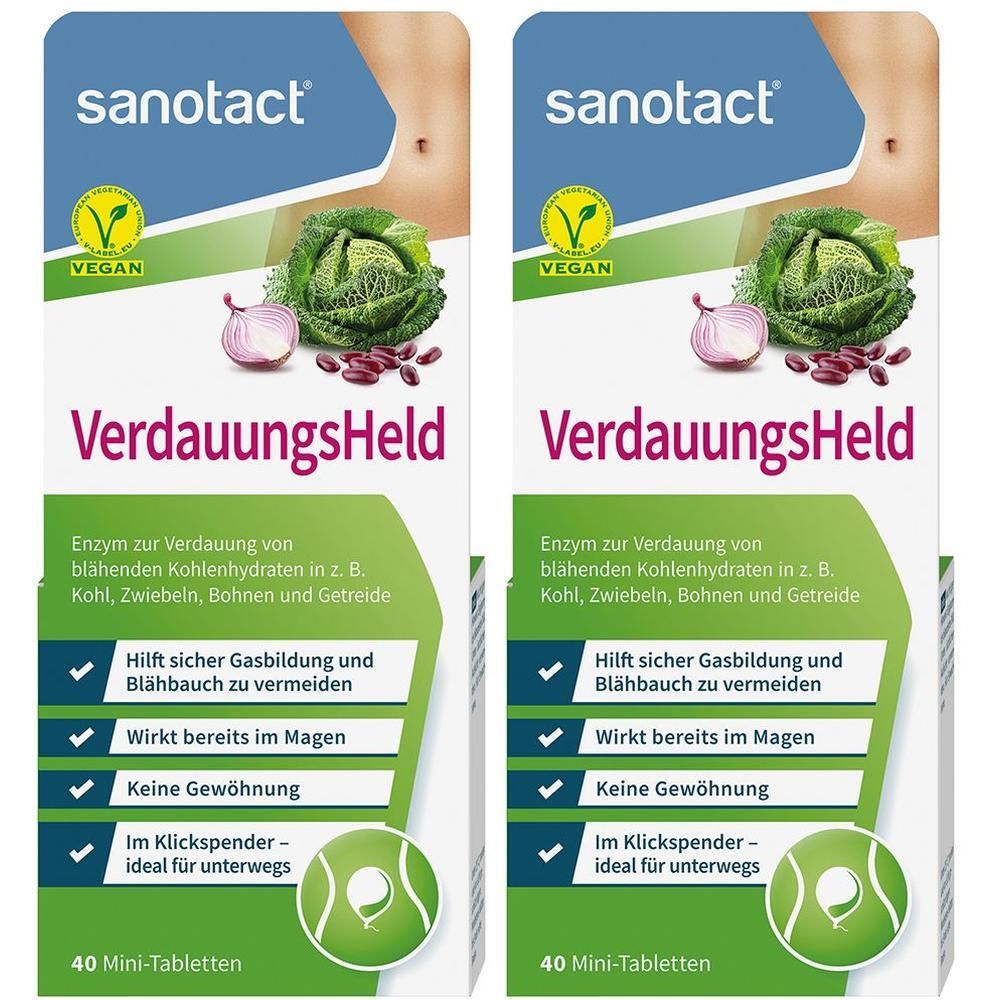 Zwei Packungen SANOTACT VerdauungsHeld Mini-Tabletten. Vegan-Siegel. Abbildung von Gemüse. Text: Hilft sicher Gasbildung und Blähbauch zu vermeiden. 40 Mini-Tabletten.
