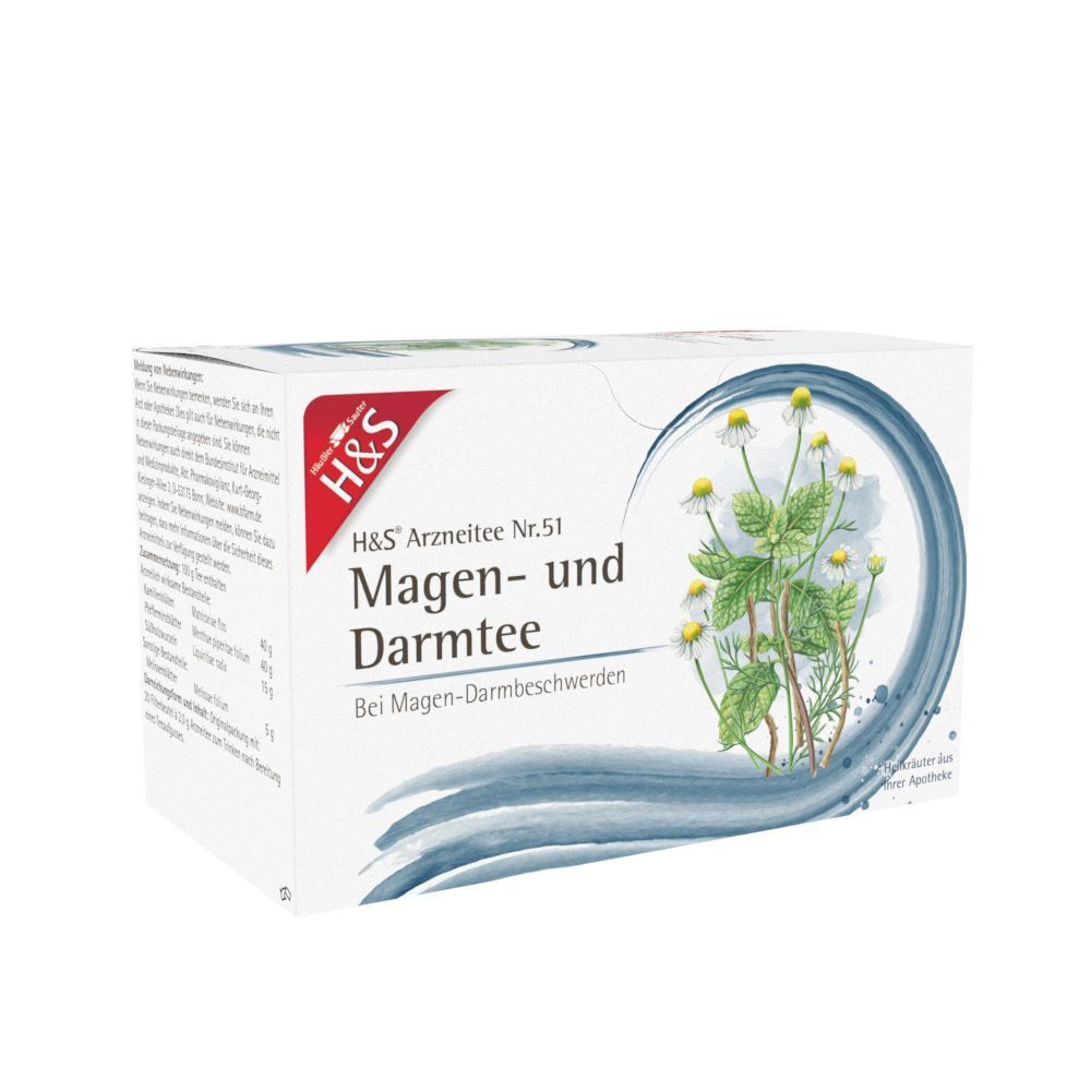 Packung H&S Arzneitee Nr. 51 Magen- und Darmtee, Vorderseite mit detaillierter Beschreibung.
