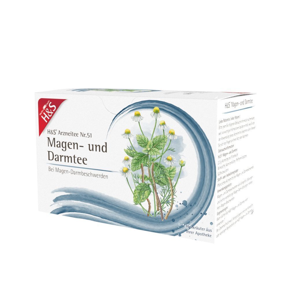 Packung H&S Arzneitee Nr. 51 Magen- und Darmtee, Seitenansicht mit Kamillenmotiv.