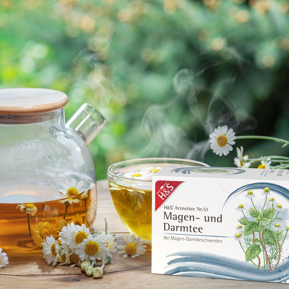 H&S Arzneitee Nr. 51 Magen- und Darmtee, serviert in einer Teekanne und Tasse mit Kamillenblüten.