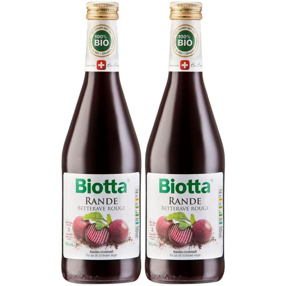 Zwei Flaschen Biotta Rote Bete Saft mit Bio-Siegel und Abbildung von Roter Bete.