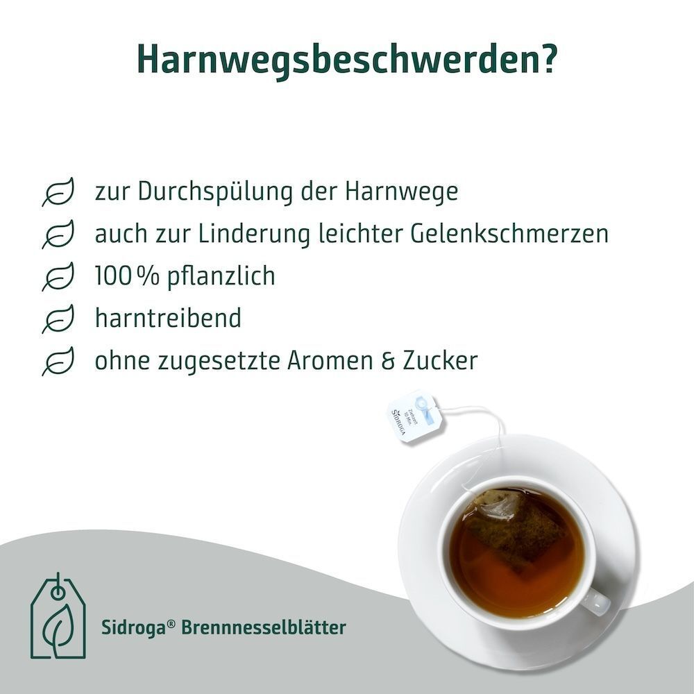 Tasse Sidroga Brennesselblättertee mit Filterbeutel auf Untertasse.