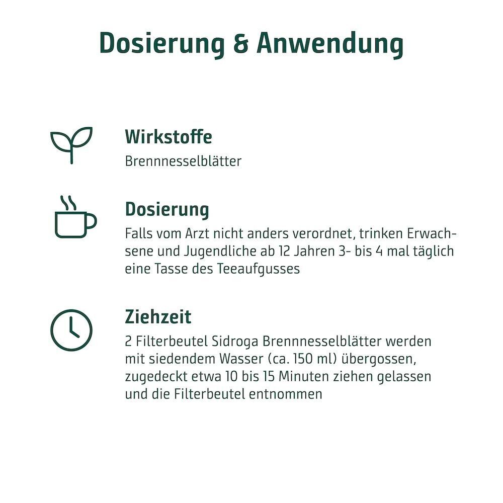 Dosierungs- und Anwendungsinformationen für Sidroga Brennesselblättertee.