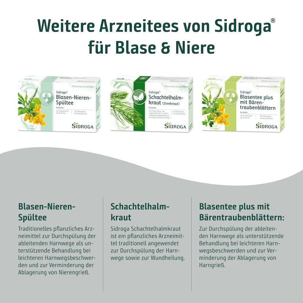 Weitere Tees von Sidroga: Blasen-Nieren-Spültee, Schachtelhalmkraut, Blasentee.