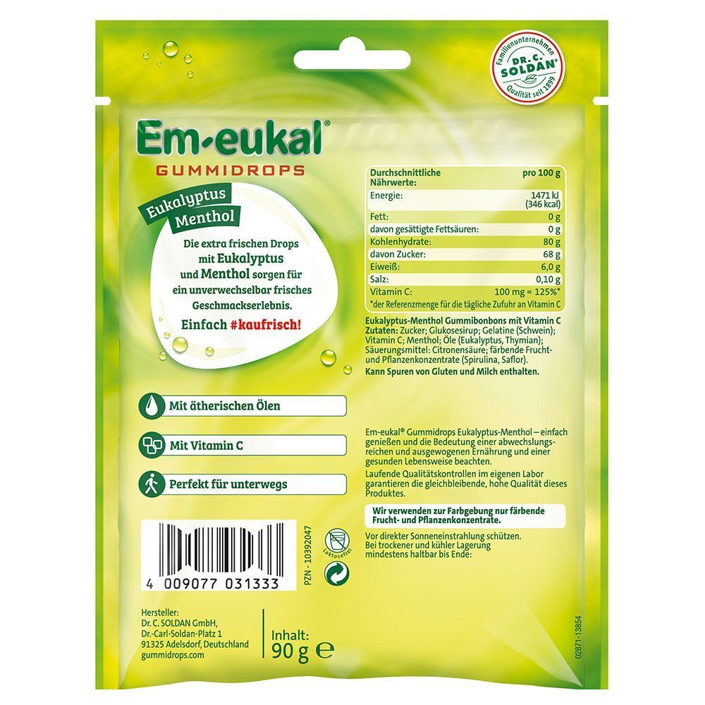 Rückseite der EM-EUKAL Gummidrops Verpackung. Text: Eukalyptus Menthol, Nährwerte, Inhaltsstoffe, Vitamin C. Herstellerinformationen.