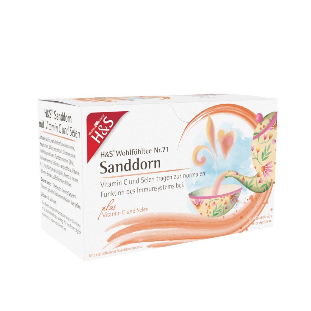 H&S Sanddorn Tee Packung. Weißer Karton mit rotem Logo und Produktinformationen. Illustration einer Teekanne und Tasse.