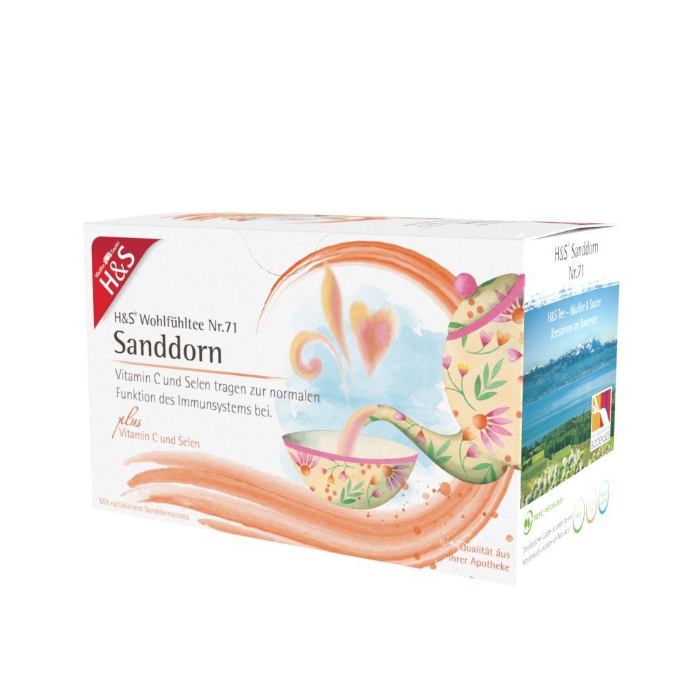 H&S Sanddorn Tee Packung. Weißer Karton mit rotem Logo und Produktinformationen. Illustration einer Teekanne und Tasse.