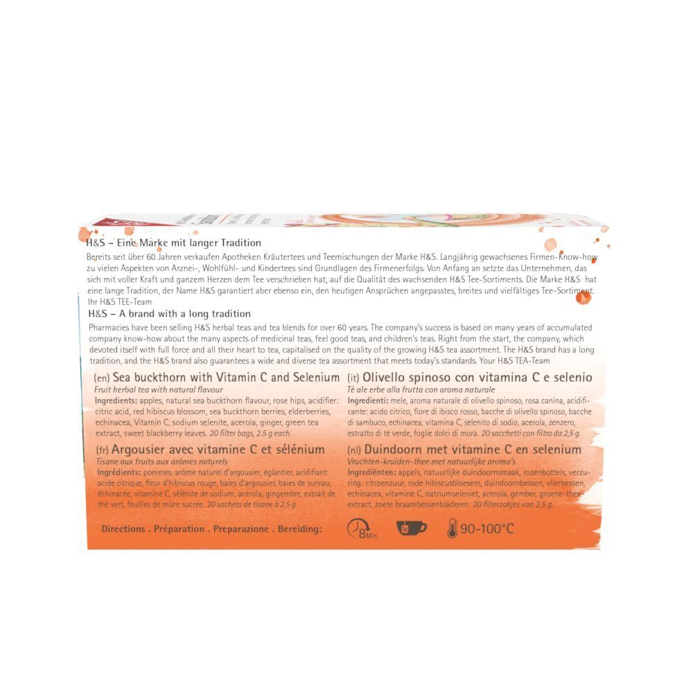 Rückseite der H&S Sanddorn Tee Packung. Text in Deutsch, Englisch, Französisch und Italienisch. Zutatenliste.