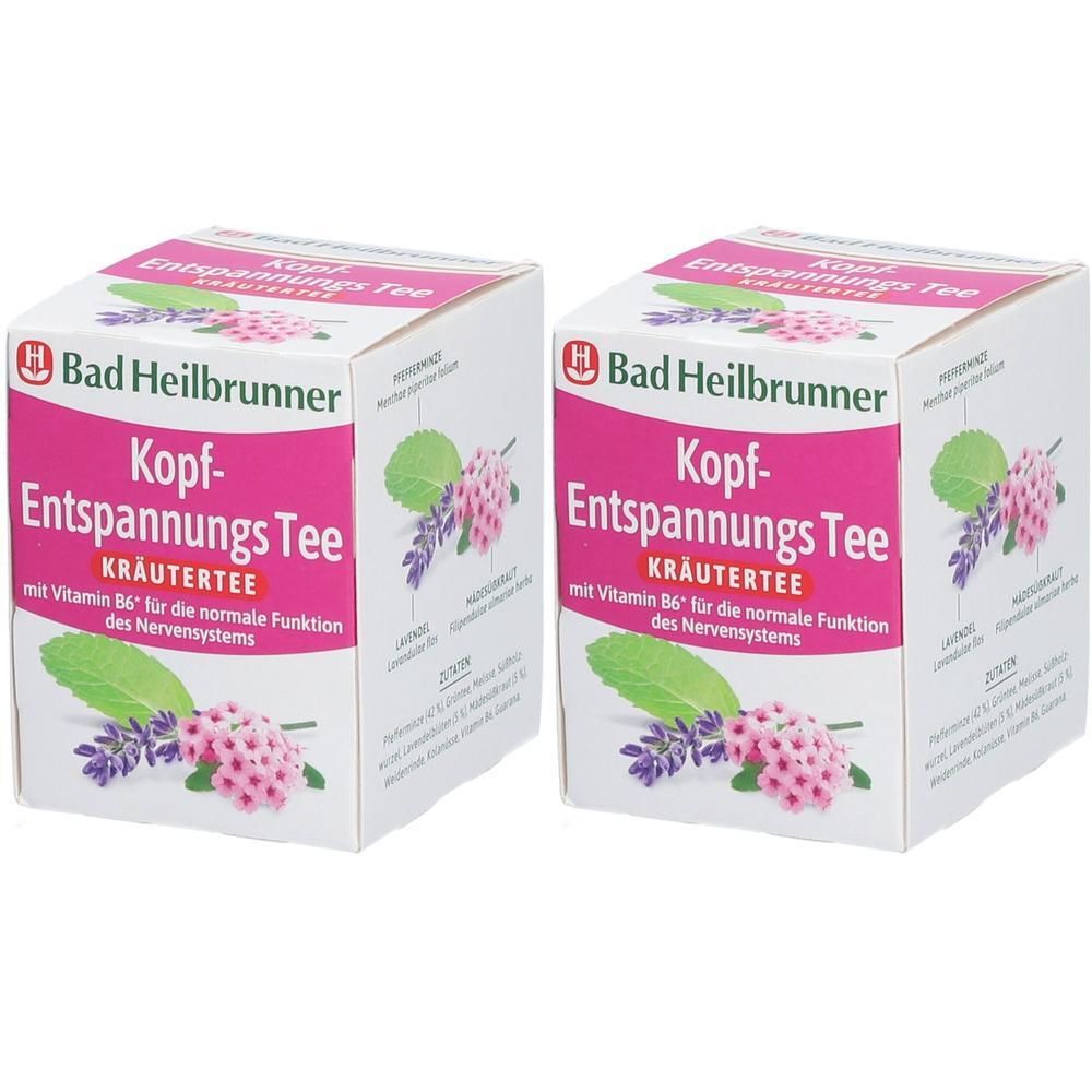 Zwei Kartons Kräutertee. Aufdruck: Bad Heilbrunner Kopf-Entspannungs Tee. Mit Vitamin B6 für die normale Funktion des Nervensystems. Rosa und weiß.