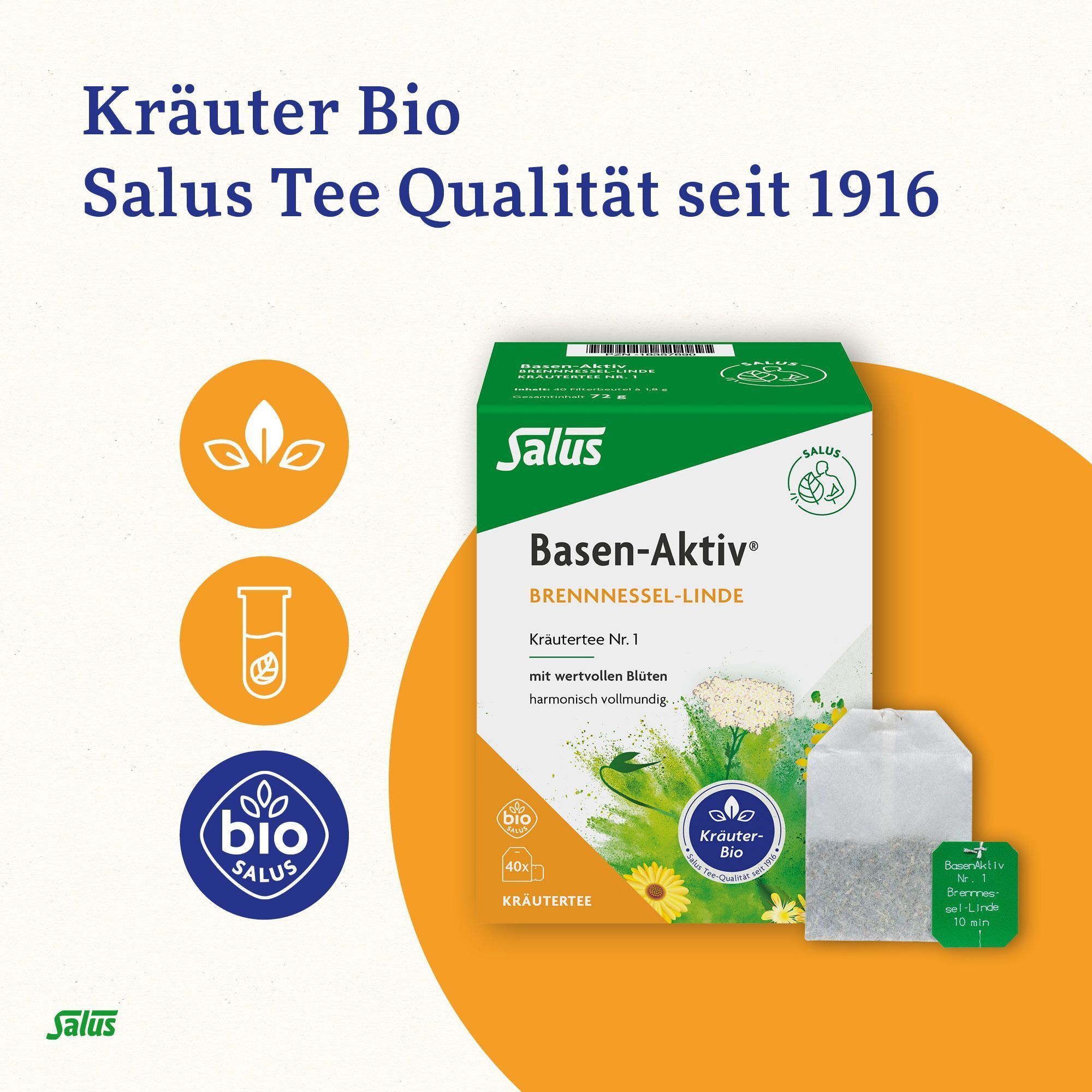 Produktabbildung mit Kräutertee. Text: Kräuter Bio Salus Tee Qualität seit 1916. Logo: Bio. Produkt: BASEN-AKTIV BREN-NESSEL-LINDE Kräutertee Nr. 1.