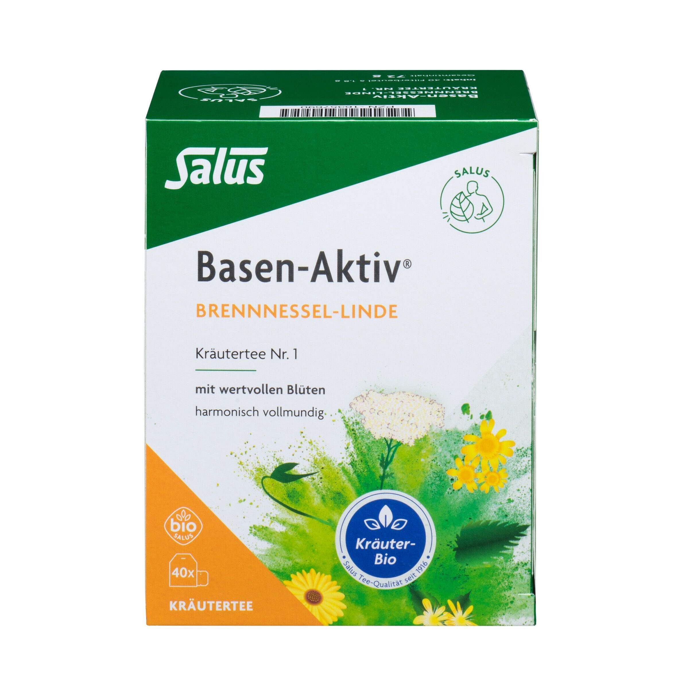 Produktverpackung BASEN-AKTIV BREN-NESSEL-LINDE Kräutertee Nr. 1. Aufdrucke: Salus, Bio-Siegel, 40x Kräutertee. Abbildung von Blüten und Kräutern.