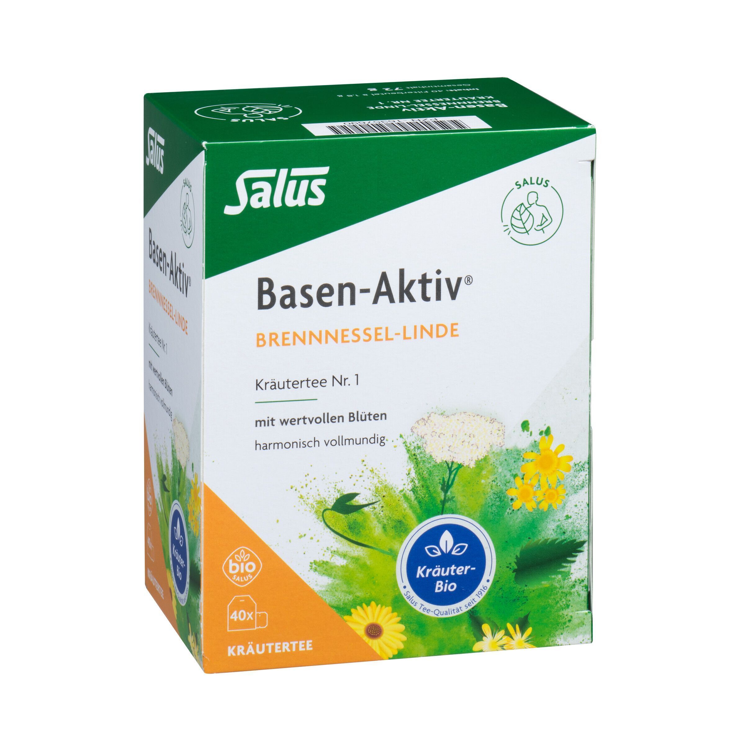 Produktverpackung BASEN-AKTIV BREN-NESSEL-LINDE Kräutertee Nr. 1. Aufdrucke: Salus, Bio-Siegel, 40x Kräutertee. Abbildung von Blüten und Kräutern.