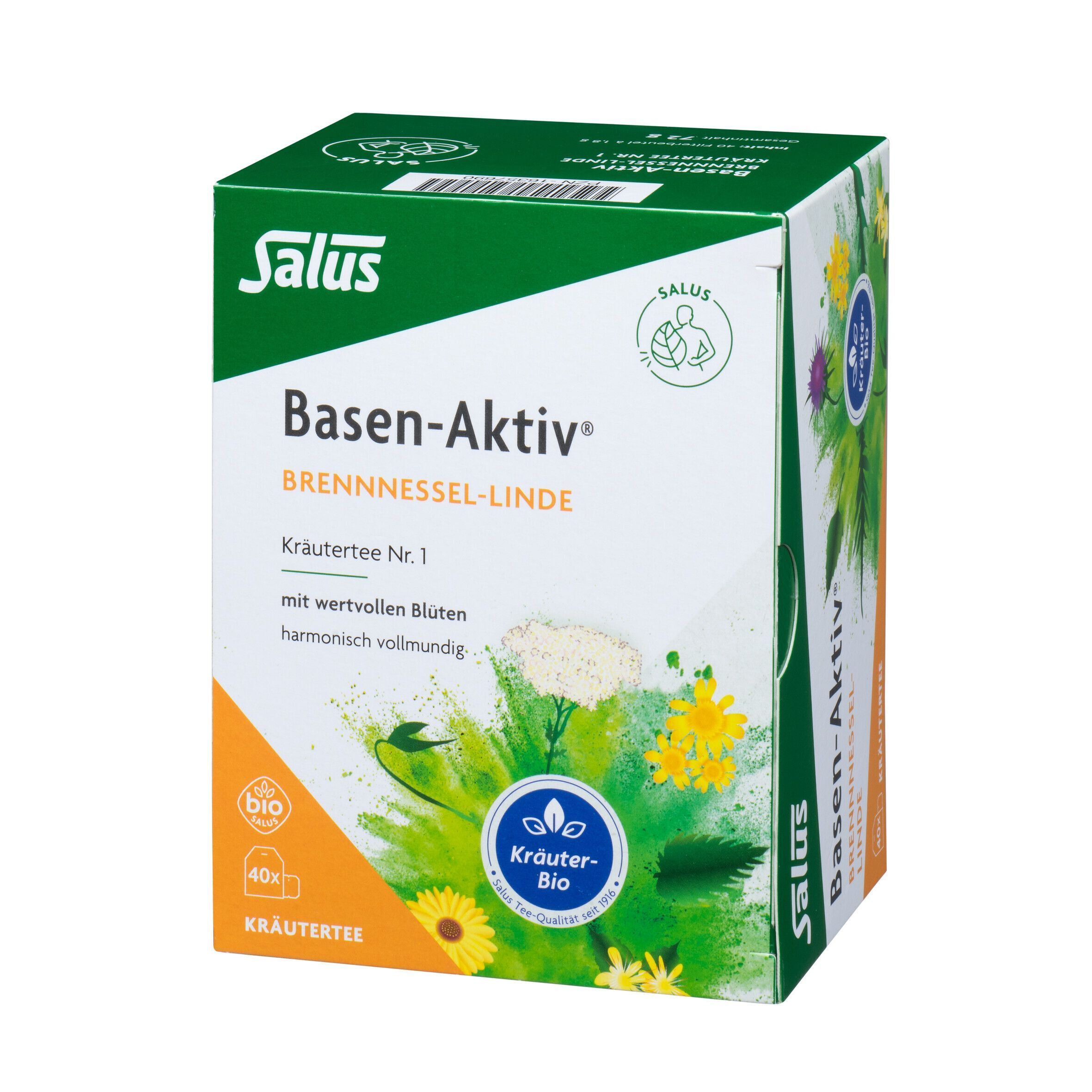 Produktverpackung BASEN-AKTIV BREN-NESSEL-LINDE Kräutertee Nr. 1. Aufdrucke: Salus, Bio-Siegel, 40x Kräutertee. Abbildung von Blüten und Kräutern.
