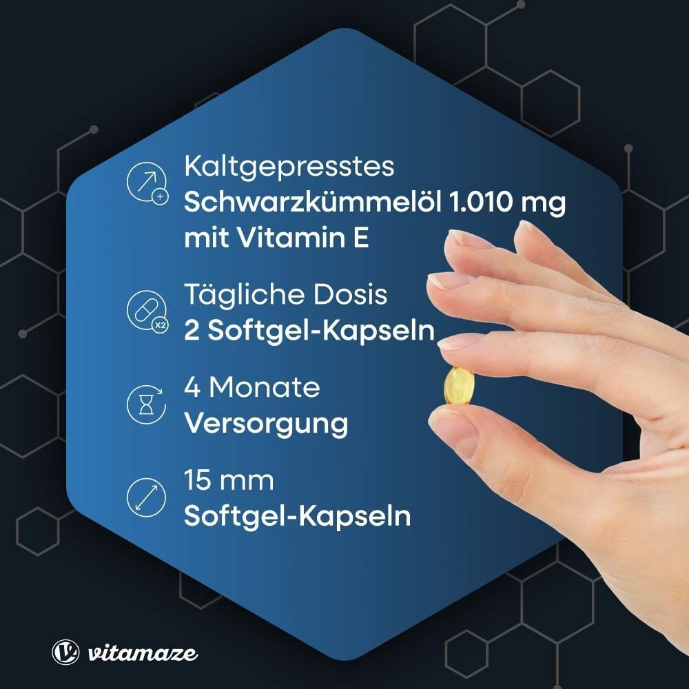 Blaue Infografik. Enthält Informationen zu: kaltgepresstes Schwarzkümmelöl, Vitamin E, tägliche Dosis 2 Kapseln, 4 Monate Versorgung, 15 mm Softgel-Kapseln.